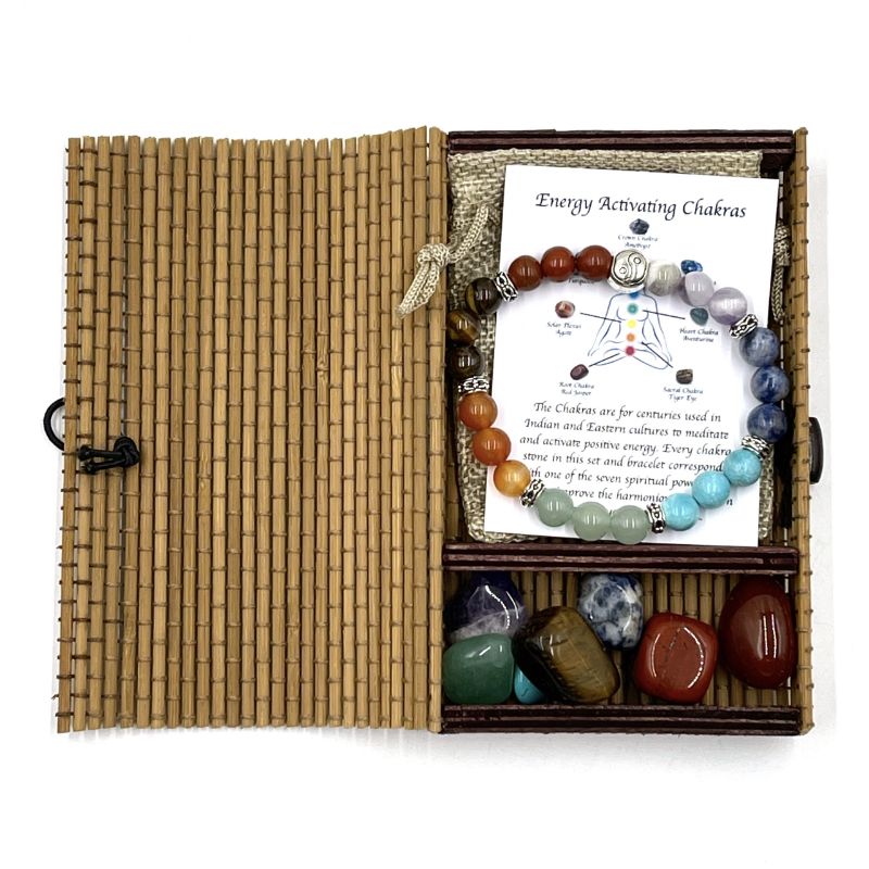 Chakra Stone Bracelet Set featuring Yin Yang beads and vibrant chakra tumblestones for spiritual balance and stylish wear.