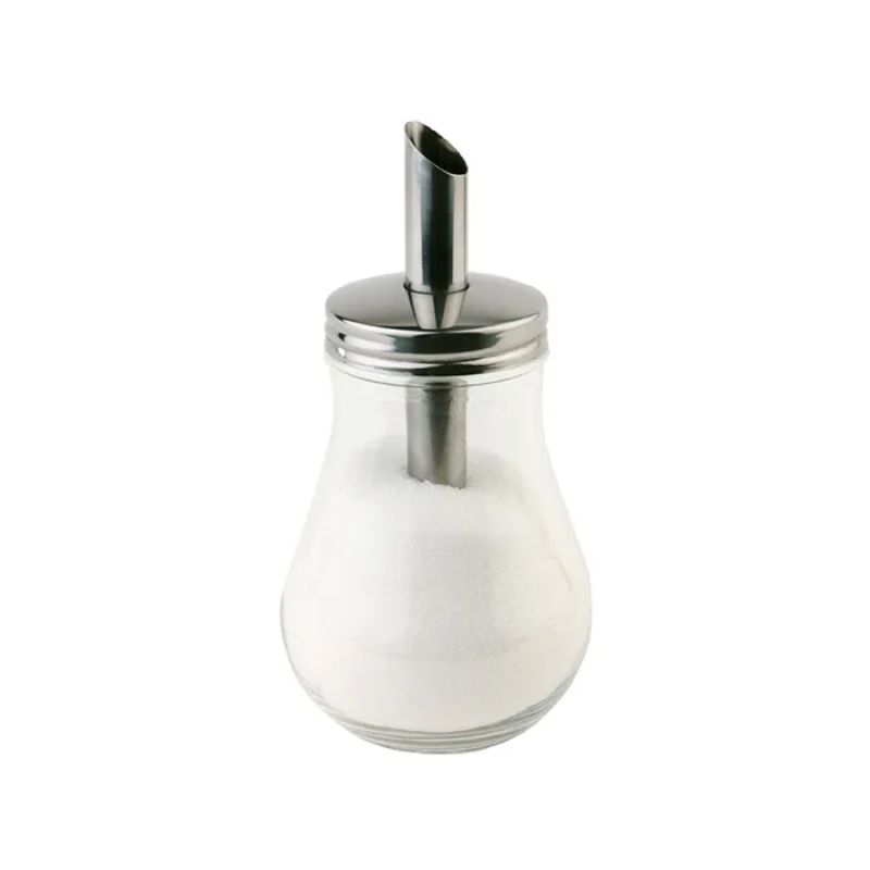 Stylish Barrel Sugar Dispenser with 250ml capacity, stainless steel lid, and tilt-a-spoon pourer for easy dispensing.