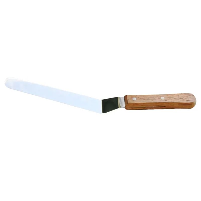 20cm cranked spatula with wooden handle and stainless steel blade, perfect for flipping and serving in non-stick cookware.