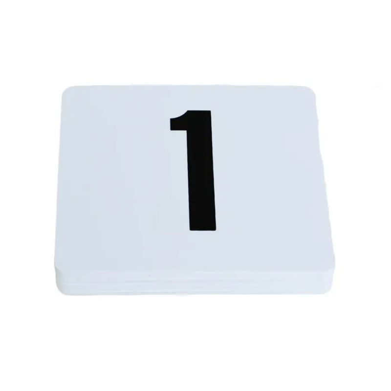Elegant white table number set 1-100 with black font for organized seating at events and gatherings.