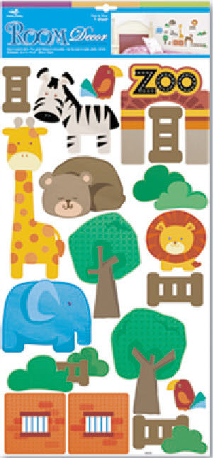 Vibrant zoo animal wall decals featuring a giraffe, elephant, and tree, perfect for decorating children's rooms.