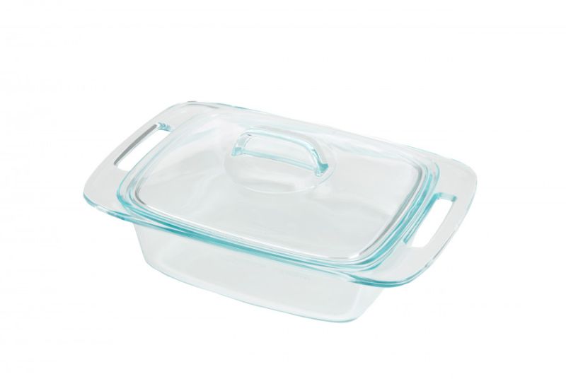 Pyrex Easy Grab Oblong Casserole Dish set with lid, 1.9L capacity, spacious size, and larger handles for easy transport.