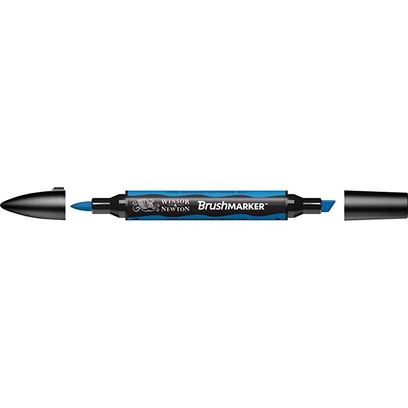 WINSOR & NEWTON non-toxic twin-tipped brush marker in vibrant Azure, ideal for detailed and broad strokes in artistic projects.