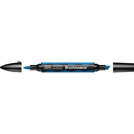 WINSOR & NEWTON non-toxic twin-tipped brush marker in vibrant Azure, ideal for detailed and broad strokes in artistic projects.