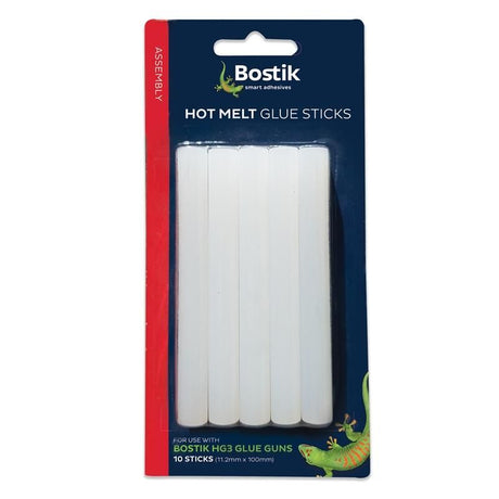 BOSTIK hot melt glue sticks pack of 10, ideal for crafting and repairs, ensuring clear, instant adhesion with no fumes.