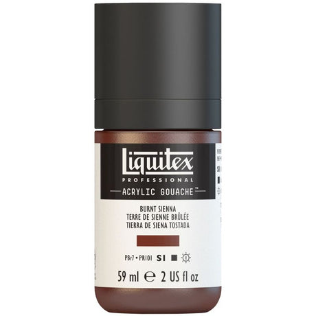 LIQUITEX Professional Acrylic Gouache 59ml in Burnt Sienna, offering rich color, matte finish, and seamless application.