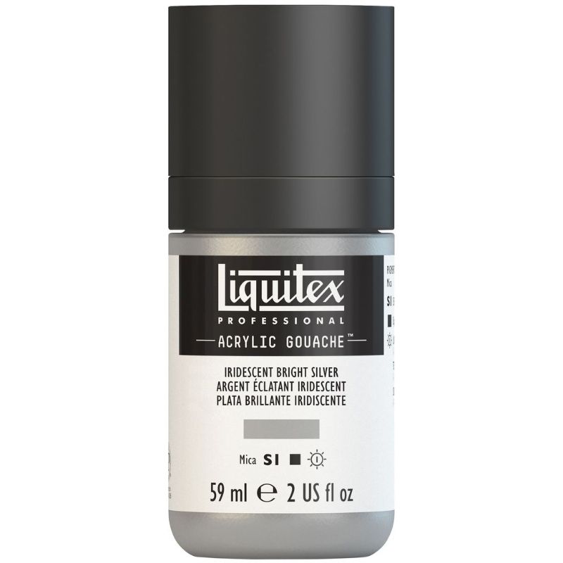 LIQUITEX Professional Acrylic Gouache in Irid Bright Silver offers vibrant color, smooth matte finish, and water-resistant durability.