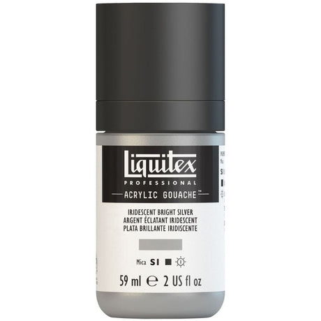 LIQUITEX Professional Acrylic Gouache in Irid Bright Silver offers vibrant color, smooth matte finish, and water-resistant durability.