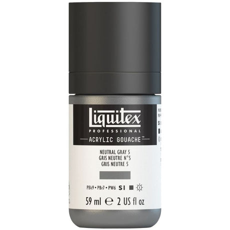 LIQUITEX Professional Acrylic Gouache in Neutral Grey 5, offering intense color, flat matte finish, and ease of use.