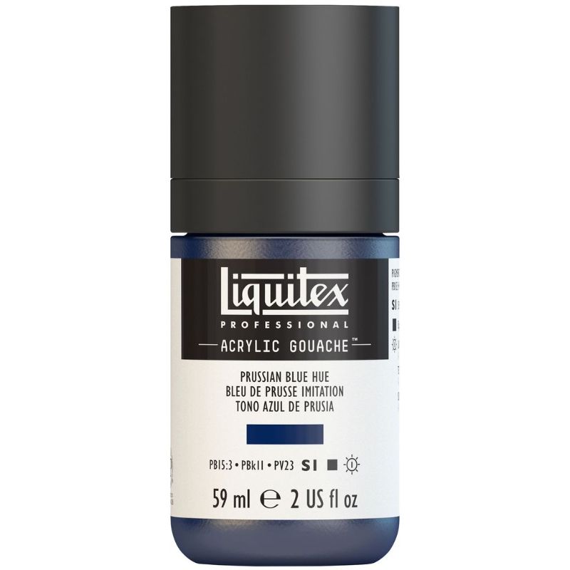 LIQUITEX Professional Acrylic Gouache 59ml in Prussian Blue Hue, featuring intense color and smooth, no-brush-marks finish.