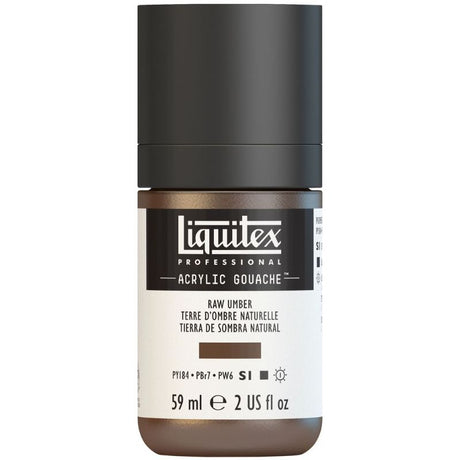 LIQUITEX PROFESSIONAL ACRYLIC GOUACHE 59ML in RAW UMBER 331 S1, offering intense color, matte finish, and smooth application for artists.