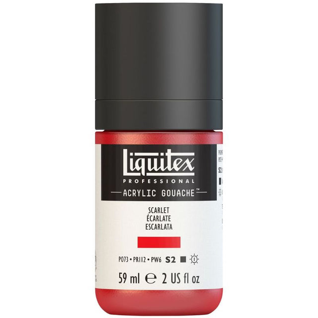 Vibrant 59ml Liquitex Acrylic Gouache in Scarlet 905 S2, featuring intense color, matte finish, and no brush marks.