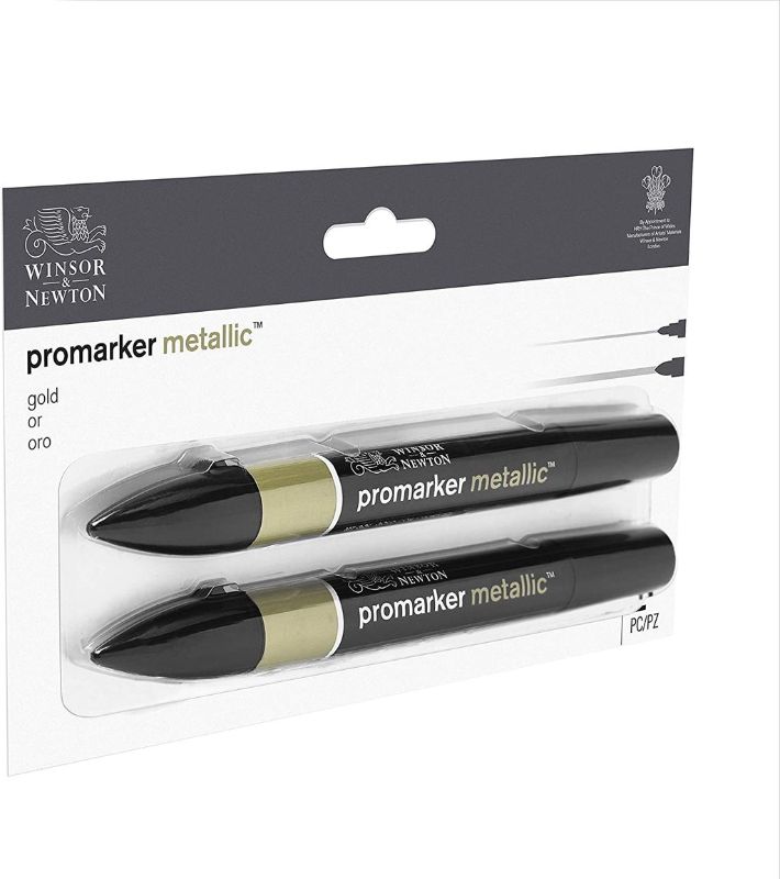 WINSOR & NEWTON Metallic Marker Gold X2 set featuring dual tips for detailed work and filling, with vibrant, lightfast gold ink.