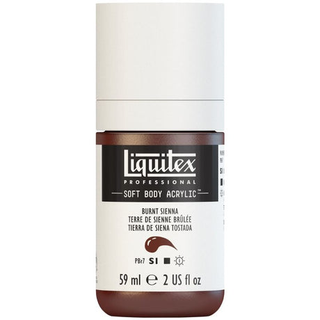 LIQUITEX Professional Soft Body Acrylic Paint in Burnt Sienna, 59ml, featuring low viscosity and satin finish for versatile art applications.