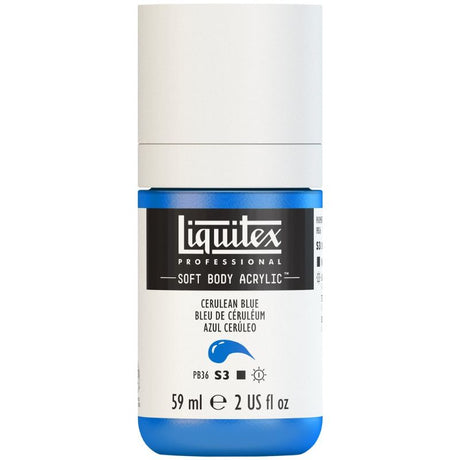 LIQUITEX Soft Body Acrylic Paint in Cerulean Blue 164 S3, 59ml tube, versatile, low viscosity, vibrant satin finish.