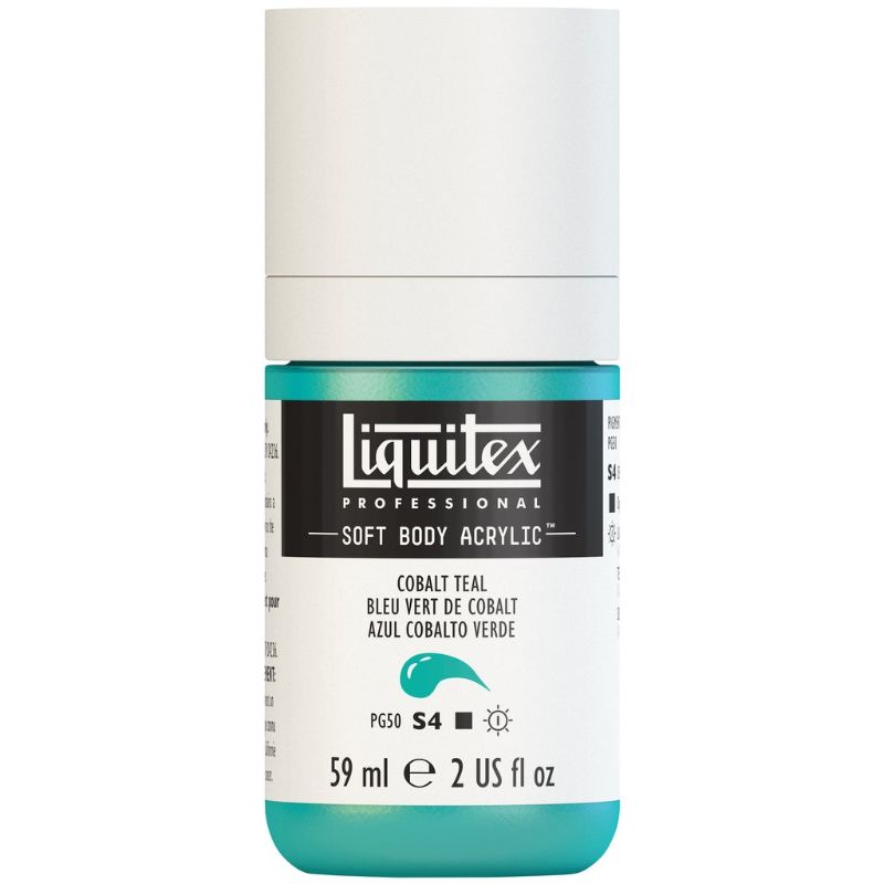 LIQUITEX Cobalt Teal soft body acrylic paint in 59ml tube, ideal for vibrant artwork with smooth satin finish and excellent coverage.