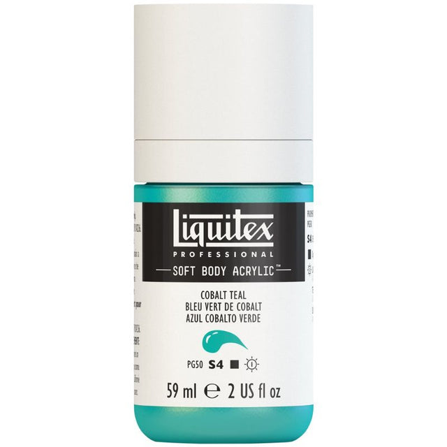 LIQUITEX Cobalt Teal soft body acrylic paint in 59ml tube, ideal for vibrant artwork with smooth satin finish and excellent coverage.
