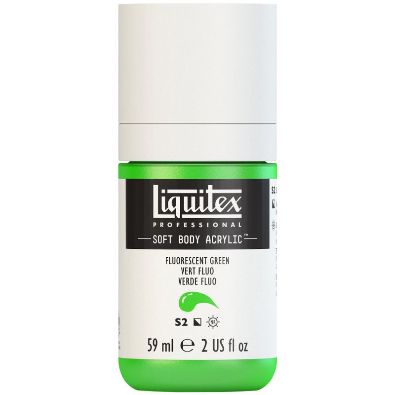 Vibrant LIQUITEX Fluo Green acrylic paint in 59ml, ideal for professional artists, offering high pigment and versatile application.