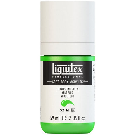 Vibrant LIQUITEX Fluo Green acrylic paint in 59ml, ideal for professional artists, offering high pigment and versatile application.