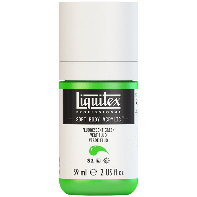 Vibrant LIQUITEX Fluo Green acrylic paint in 59ml, ideal for professional artists, offering high pigment and versatile application.
