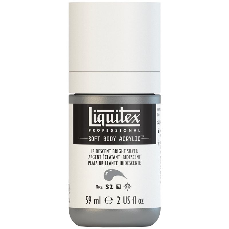 LIQUITEX Iridescent Bright Silver acrylic paint in a 59ml tube, featuring low viscosity, satin finish, and vibrant pigmentation.