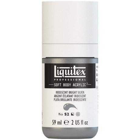 LIQUITEX Iridescent Bright Silver acrylic paint in a 59ml tube, featuring low viscosity, satin finish, and vibrant pigmentation.