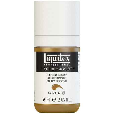 LIQUITEX Professional Soft Body Acrylic Paint in Irid Rich Gold, 59ml tube featuring low viscosity and a luxurious satin finish.