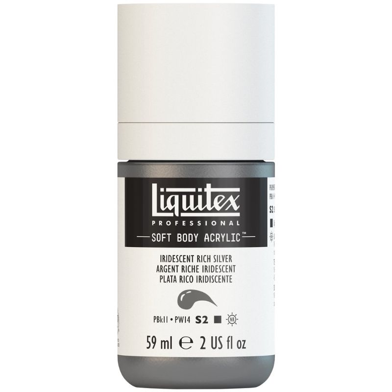 LIQUITEX Soft Body Acrylic Paint in Iridescent Rich Silver 239 S2, 59ML tube showcasing vibrant color and satin finish.