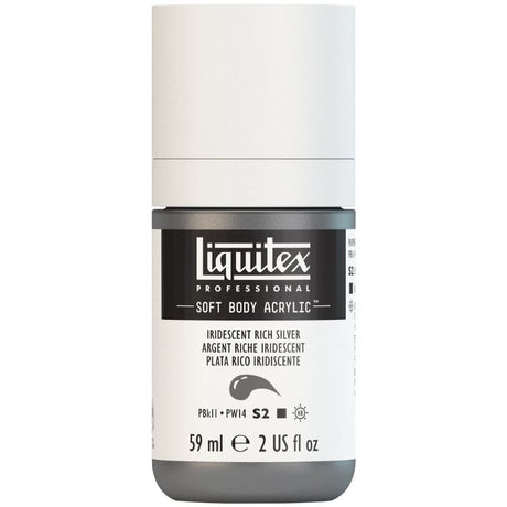 LIQUITEX Soft Body Acrylic Paint in Iridescent Rich Silver 239 S2, 59ML tube showcasing vibrant color and satin finish.