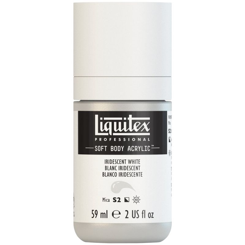 Iridescent White acrylic paint in a 59ml tube, featuring low viscosity, high coverage, and a satin finish for diverse artistic applications.
