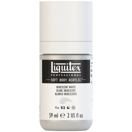 Iridescent White acrylic paint in a 59ml tube, featuring low viscosity, high coverage, and a satin finish for diverse artistic applications.