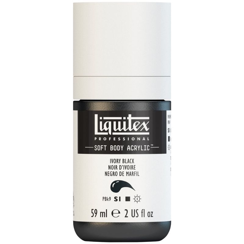 LIQUITEX Soft Body Acrylic Paint in Ivory Black, 59ml tube offers smooth application, excellent coverage, and satin finish.