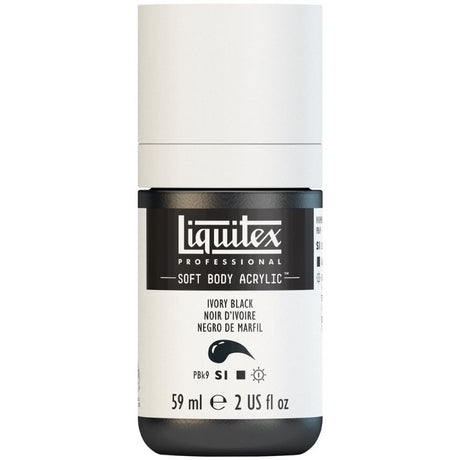 LIQUITEX Soft Body Acrylic Paint in Ivory Black, 59ml tube offers smooth application, excellent coverage, and satin finish.