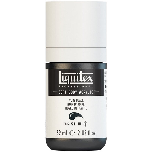 LIQUITEX Soft Body Acrylic Paint in Ivory Black, 59ml tube offers smooth application, excellent coverage, and satin finish.