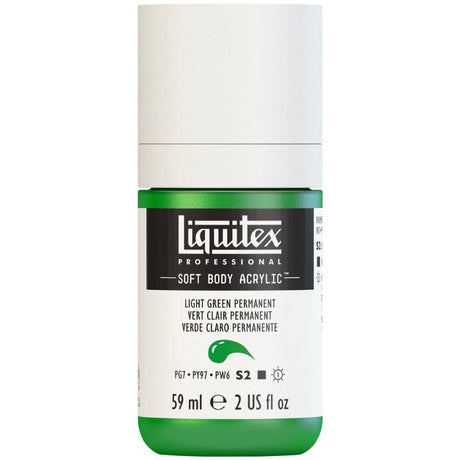 Vibrant LT Green Permanent acrylic paint in a 59ml tube, featuring low viscosity for smooth application and exceptional pigment quality.
