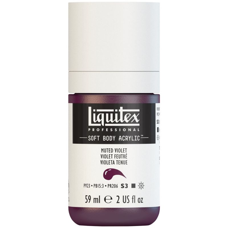 LIQUITEX Muted Violet acrylic paint tube, 59ml, showcases a rich, satin finish with high pigment for versatile artistic applications.
