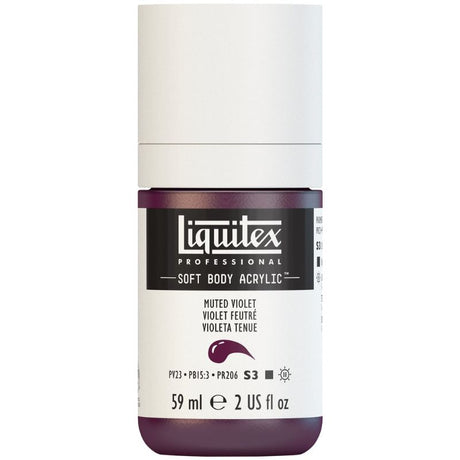 LIQUITEX Muted Violet acrylic paint tube, 59ml, showcases a rich, satin finish with high pigment for versatile artistic applications.
