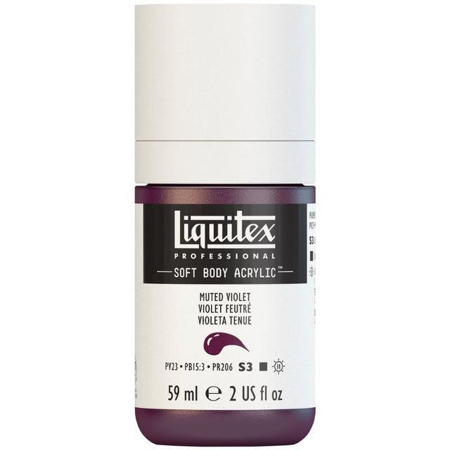LIQUITEX Muted Violet acrylic paint tube, 59ml, showcases a rich, satin finish with high pigment for versatile artistic applications.