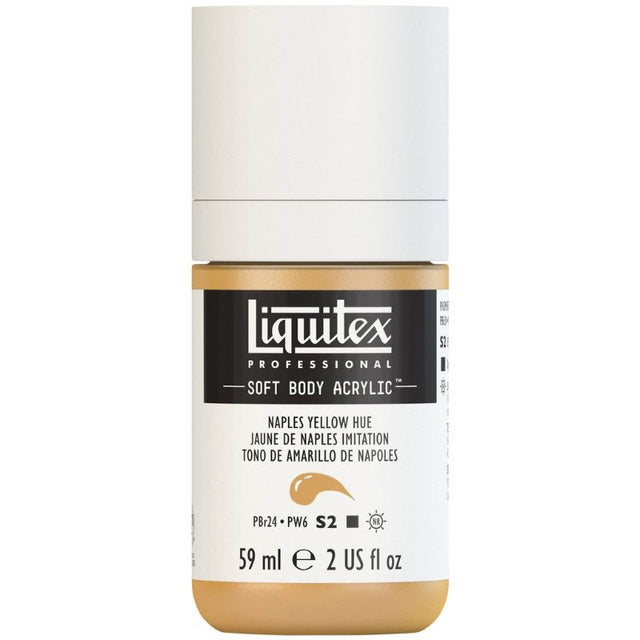 LIQUITEX 59ml Soft Body Acrylic Paint in Naples Yellow Hue, offering vibrant color, low viscosity, and a satin finish for various techniques.