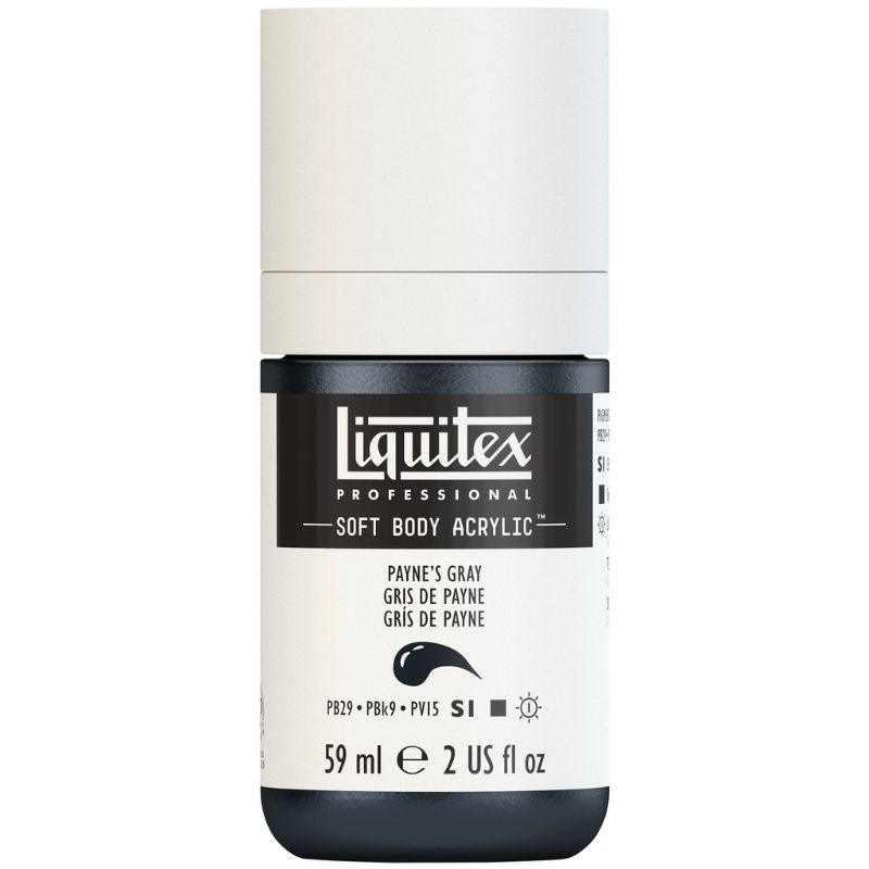 LIQUITEX Paynes Gray acrylic paint in 59ml, low viscosity for smooth application, ideal for various artistic techniques.