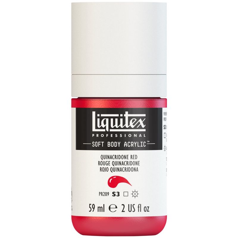 Vibrant LIQUITEX Professional Soft Body Acrylic Paint in Quin Red 112, featuring low viscosity and a luxurious satin finish.