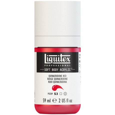 Vibrant LIQUITEX Professional Soft Body Acrylic Paint in Quin Red 112, featuring low viscosity and a luxurious satin finish.