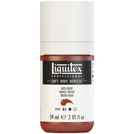 Image of LIQUITEX red oxide acrylic paint, 59ml bottle showcasing low viscosity, excellent coverage, and satin finish for artists.
