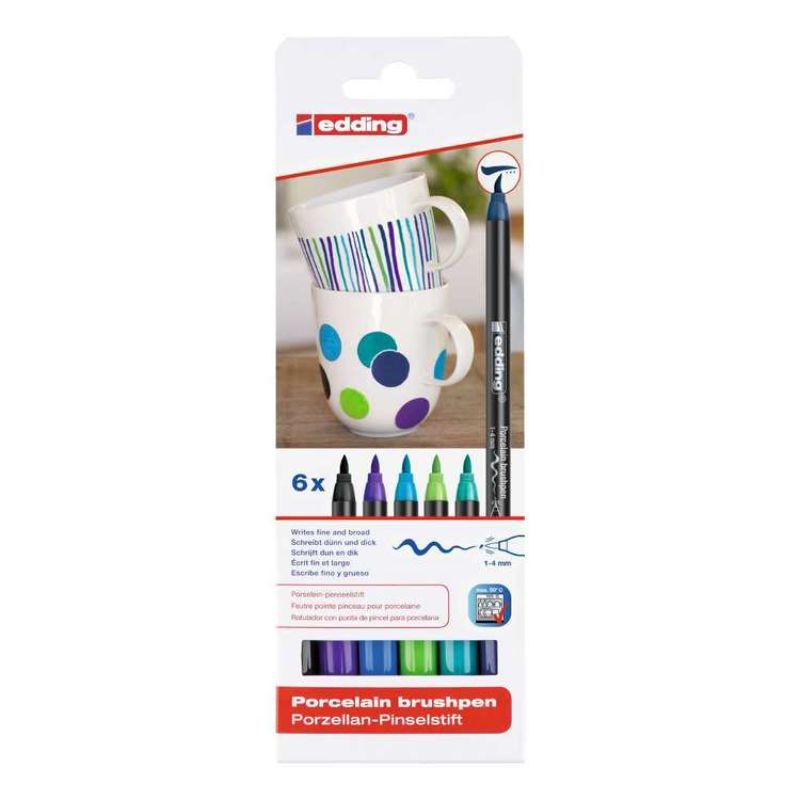 EDING Porcelain Brush Pen Set 6 in Cool colors, featuring flexible nibs for precise, dishwasher-proof artwork on ceramic and glass.