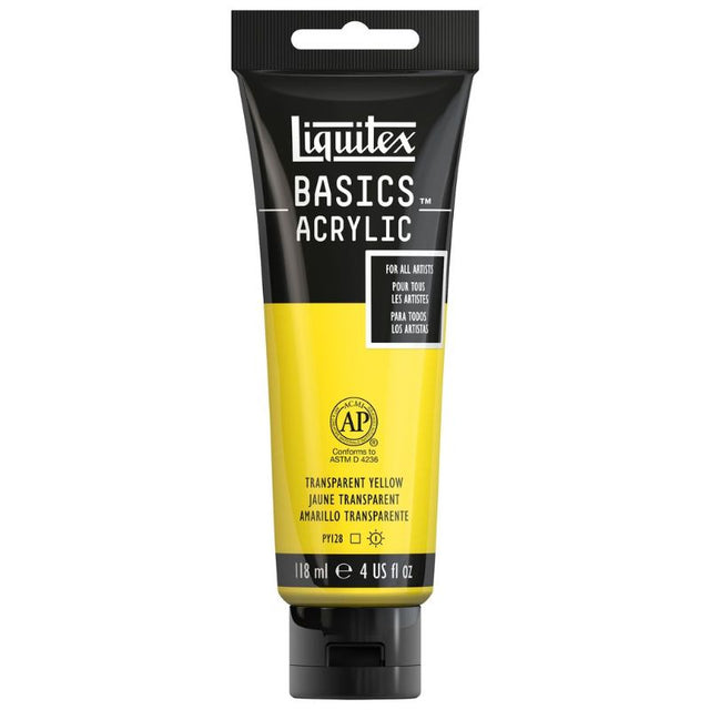 LIQUITEX BASICS acrylic paint 118ml in Trans Yellow, ideal for all skill levels, featuring vibrant color and excellent lightfastness.