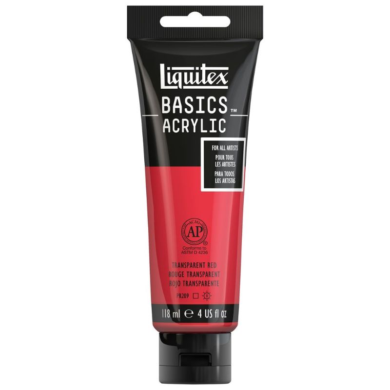 LIQUITEX BASICS ACRYLIC PAINT in Trans Red, 118ml, perfect for blending, versatile for all painting techniques.