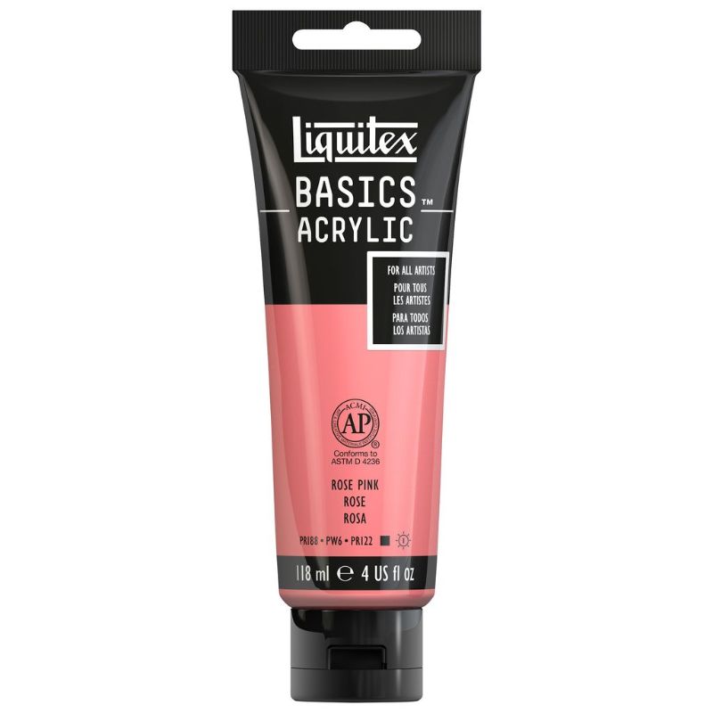 LIQUITEX BASICS 118ml Rose Pink Acrylic Paint tube showcasing vibrant color for versatile painting techniques.