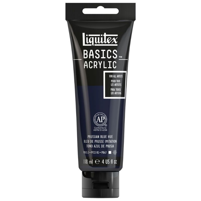 LIQUITEX BASICS 118ML acrylic paint in Prussian Blue Hue, ideal for various techniques with vibrant, lightfast pigments.
