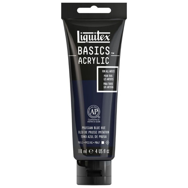 LIQUITEX BASICS 118ML acrylic paint in Prussian Blue Hue, ideal for various techniques with vibrant, lightfast pigments.