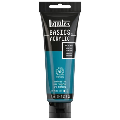 LIQUITEX BASICS Acrylic Paint 118ml in vibrant Turq Blue, ideal for various techniques with smooth application and rich color saturation.